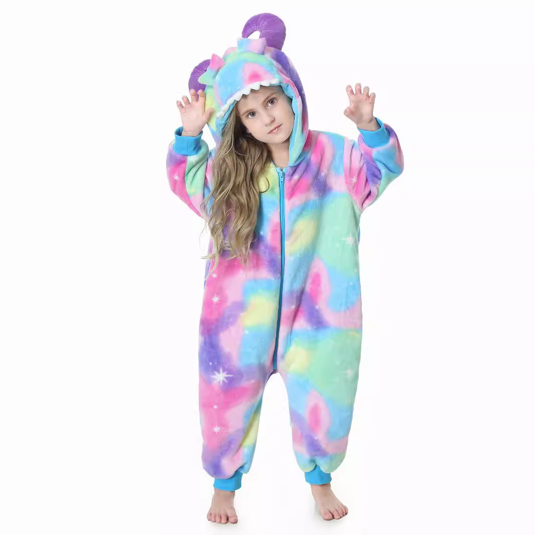Autumn new children's cartoon styling clothes flannel single-layer tie-dye multi-color, monster styling onesie