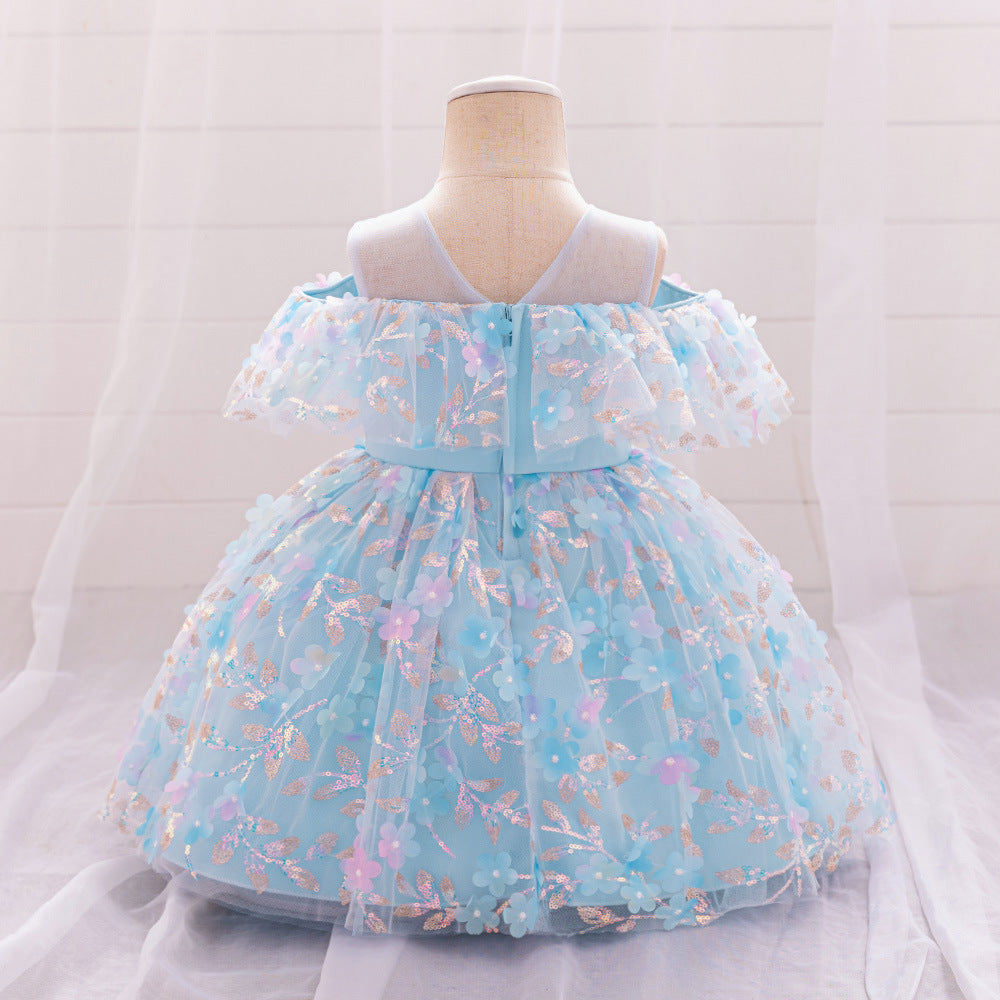 Summer new children's princess dress girls year-old dress one-word shoulder dress mesh applique dress