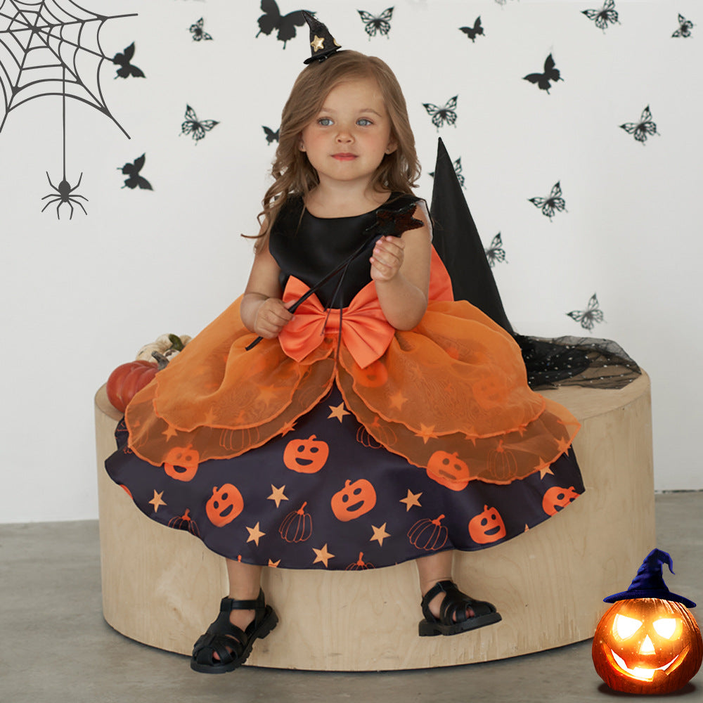 Cross-border infant and toddler clothing Halloween pumpkin print tutu dress girls sleeveless bow dress birthday gift