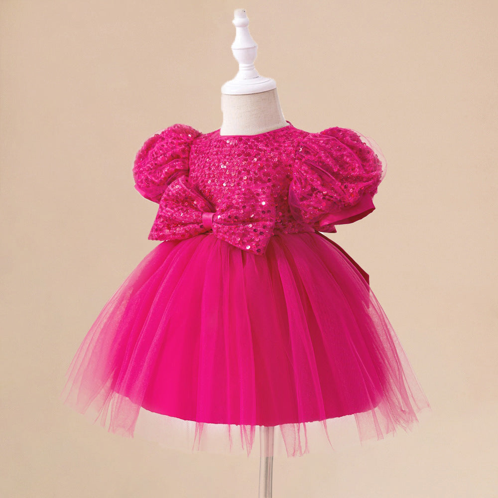2025 new children's first-year dress sequined princess dress fluffy mesh skirt cross-border bubble sleeve children's wedding dress