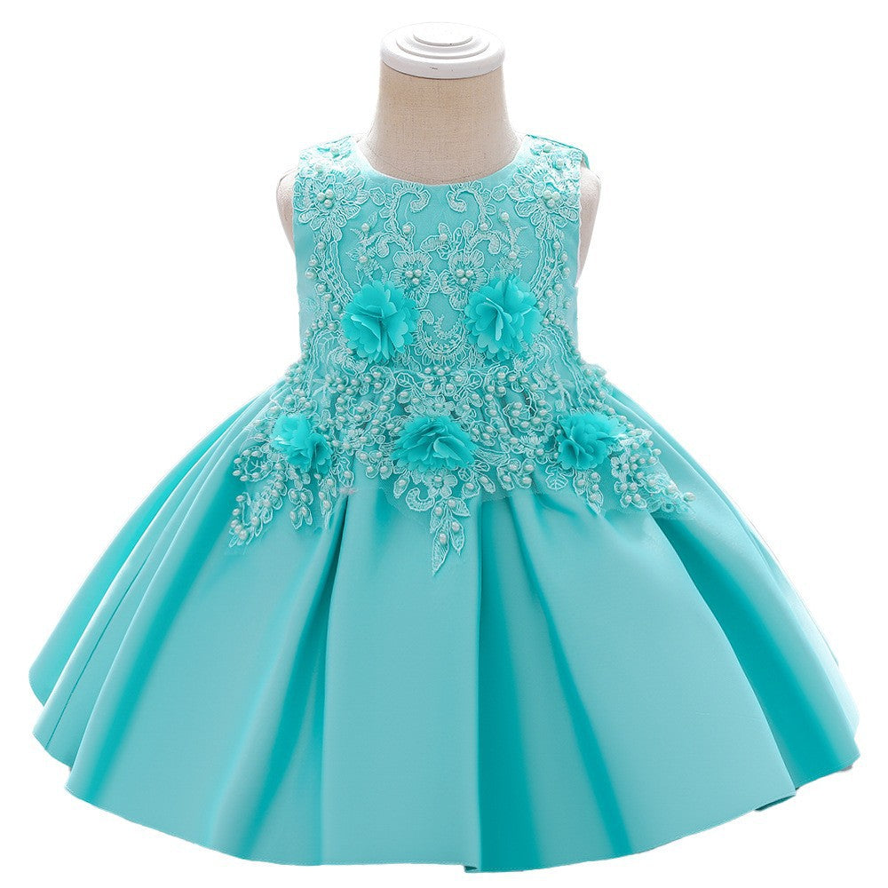 Children's Dress Princess Dress Birthday Satin Dress Lace Decal Children's Dress Little Girl Performance Yearling Dress Dress