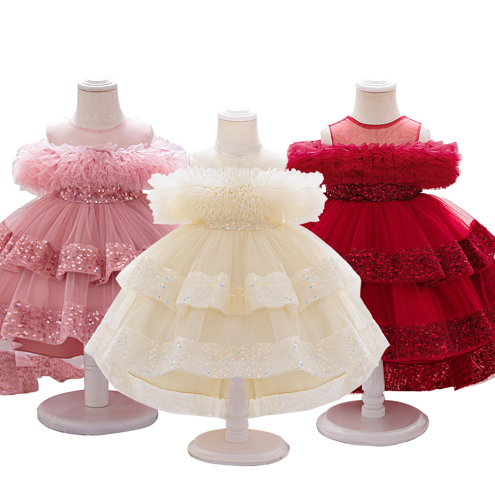 Amazon baby dress sequined fluffy bow princess dress baby year old banquet dovetail wash dress