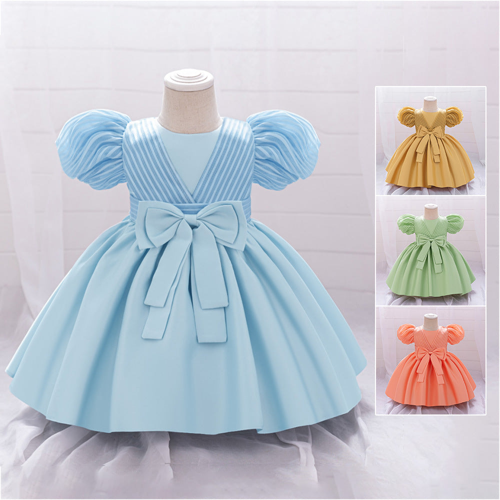 New infant and child first year dress baby girl birthday party wash dress satin bow dress spot