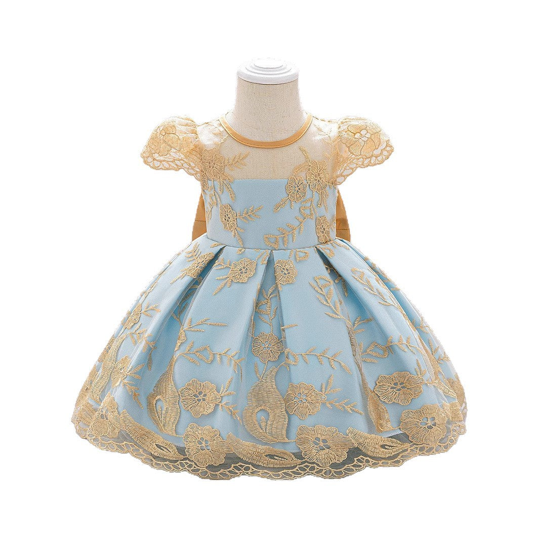 Amazon children's dress back bow gold silk embroidery middle and old children's host catwalk children's dress skirt