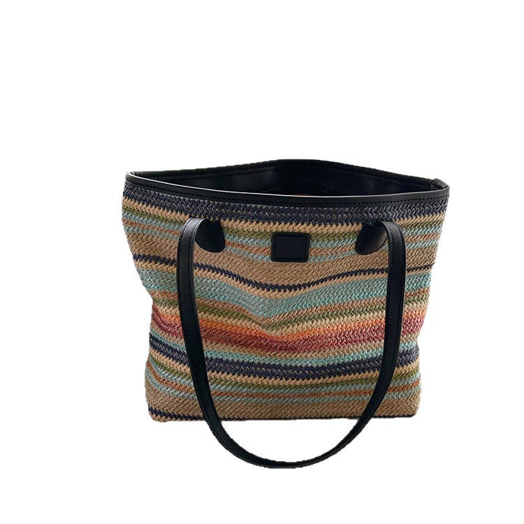 Summer Color Large Capacity Commuter Woven Bag Vacation Beach Bag Ladies Tote Bag Versatile Rainbow Shoulder Bag