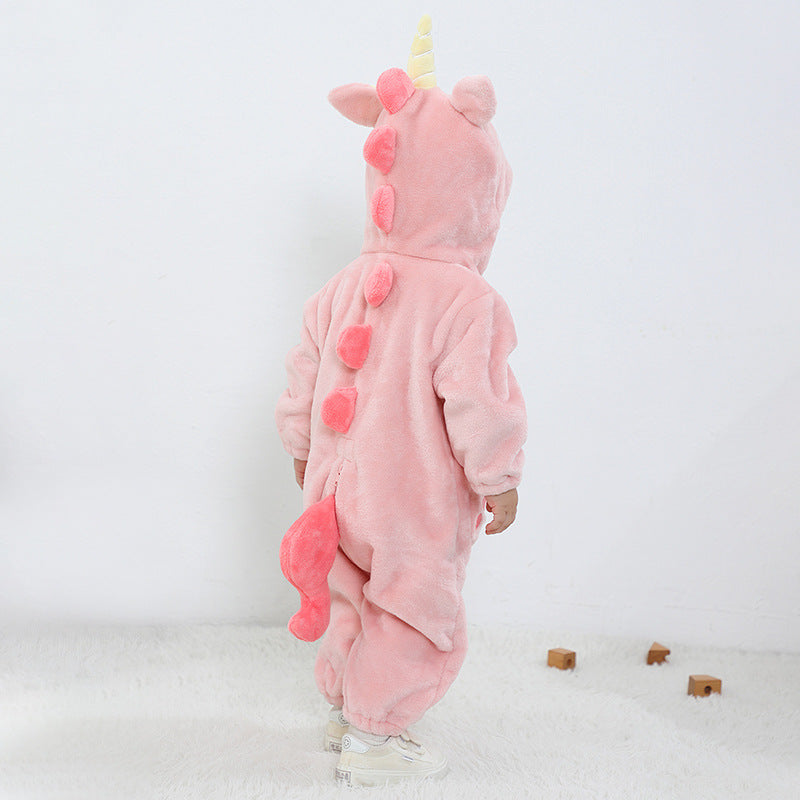 Qile Rabbit autumn new 0-3 year old infant pink unicorn styling clothes flannel single-layer onesie