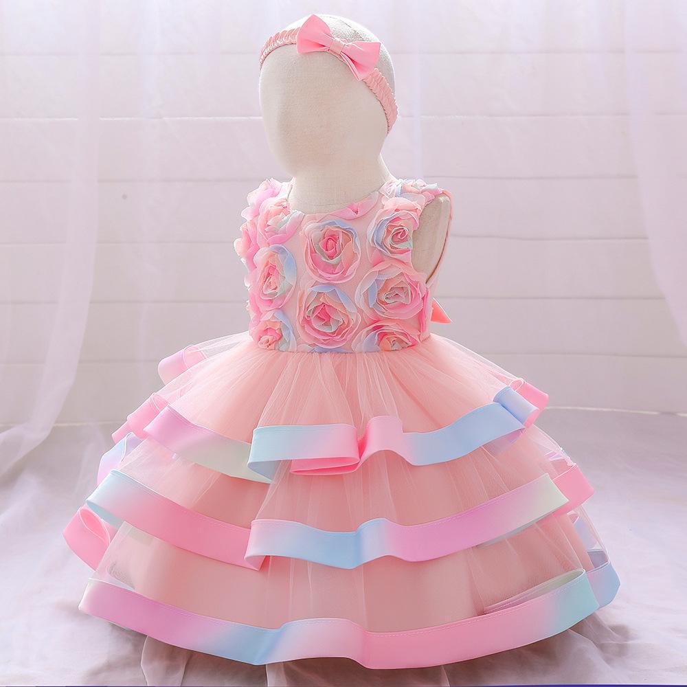 Little girl princess dress children's dress sleeveless dress printed mesh cake puffy dress flower girl catwalk dress sweet