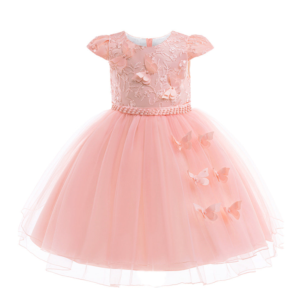 European and American cross-border new children's dresses, three-dimensional butterfly embroidered nail bead mesh dresses, wedding children's princess dresses