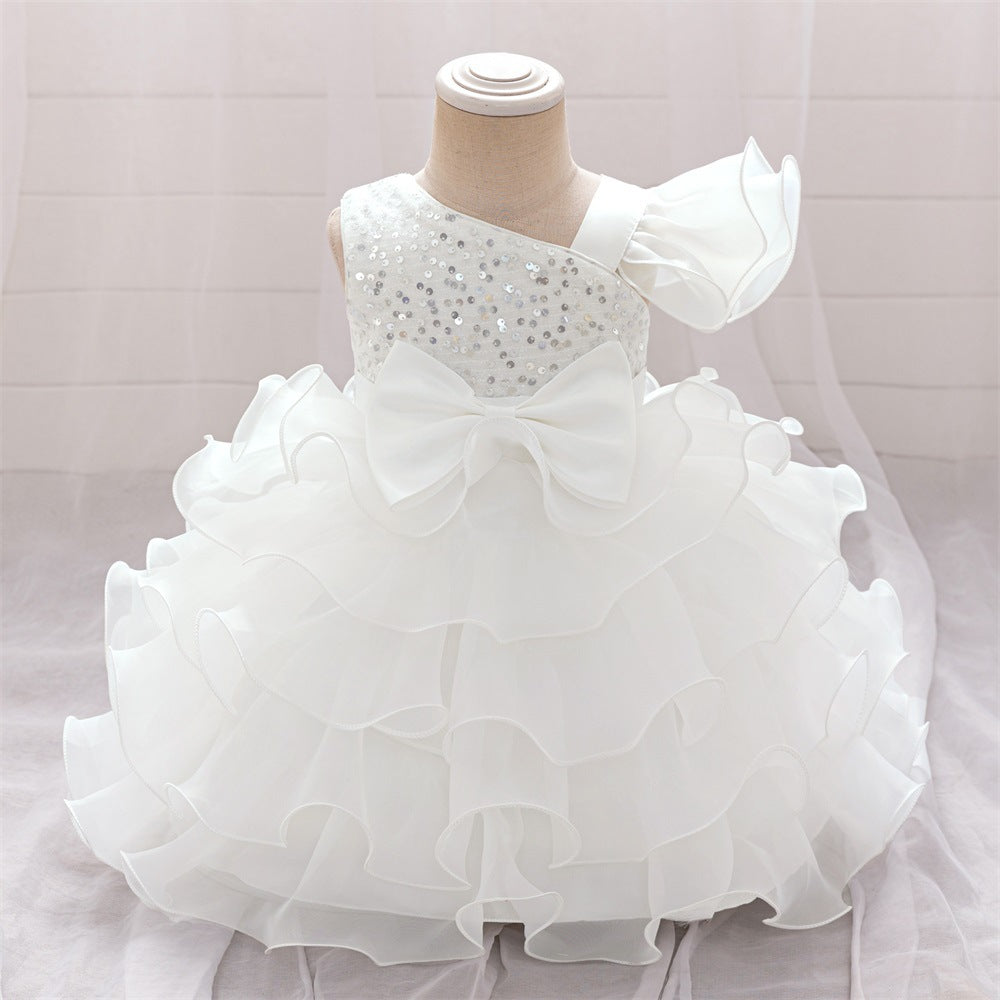 Amazon's new baby dress princess dress irregular slanted shoulder sequins cake skirt bow tutu skirt