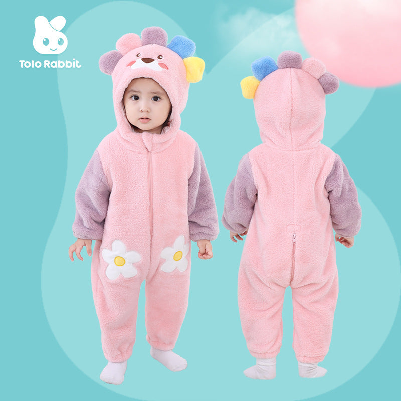 Qile Rabbit autumn new 0-3 year old baby going out clothes cute little flower embroidered single-layer double-sided velvet onesie