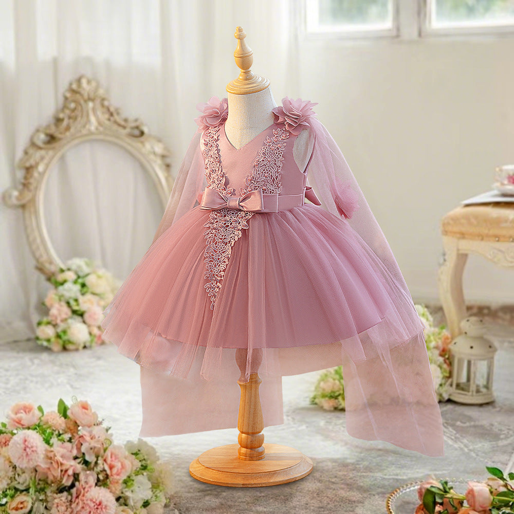 Amazon Cross-Border Girls Dress Beaded Embroidery Mesh Dress Applique Shawl Dress Wedding Flower Girl Princess Dress