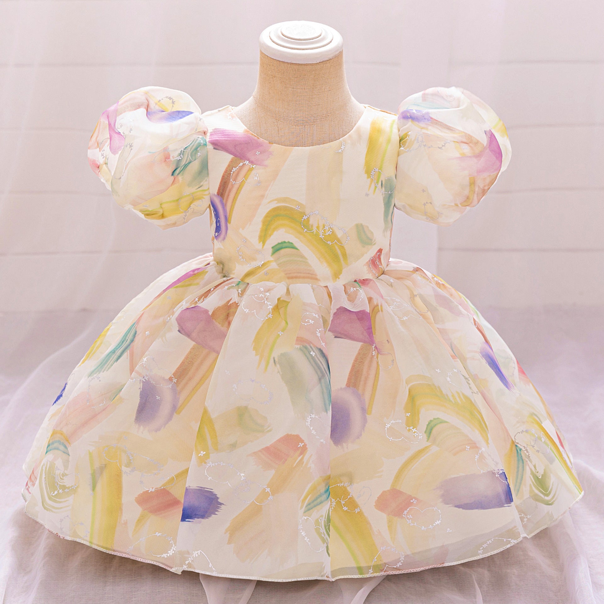 European and American new girls' baby dress skirt infant bubble sleeve printed flower girl dress one-year-old baby dress
