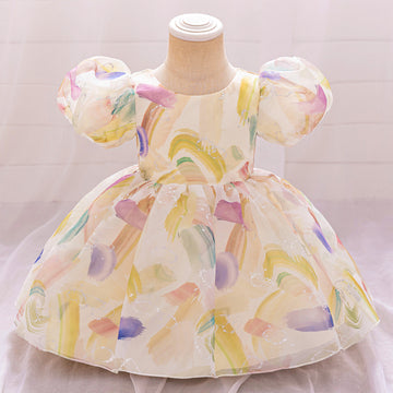 European and American new girls' baby dress skirt infant bubble sleeve printed flower girl dress one-year-old baby dress