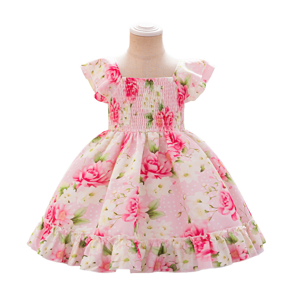 2024 Cross-border New Girls' Princess Dress Printed Satin Fabric Xiaofei Sleeve Dress One-year Dress Folded Fluffy Dress