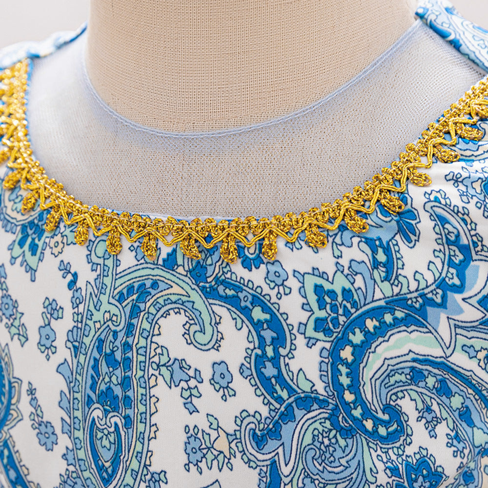 European and American cross-border new children's dresses, annual dresses, summer national tide dresses, satin cloth printing sleeveless princess dresses