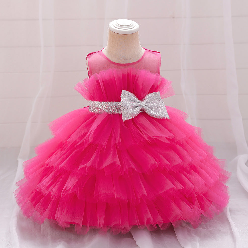2023 new European and American girls' dress skirt cute bow strap mesh skirt summer baby girl dress