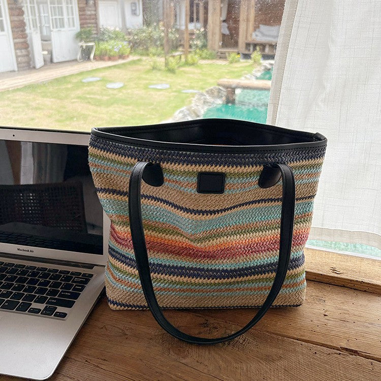 Summer Color Large Capacity Commuter Woven Bag Vacation Beach Bag Ladies Tote Bag Versatile Rainbow Shoulder Bag