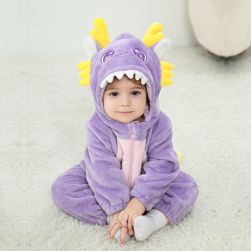 Qile Rabbit autumn new baby single-layer flannel cartoon dinosaur shape hooded one-piece Romper
