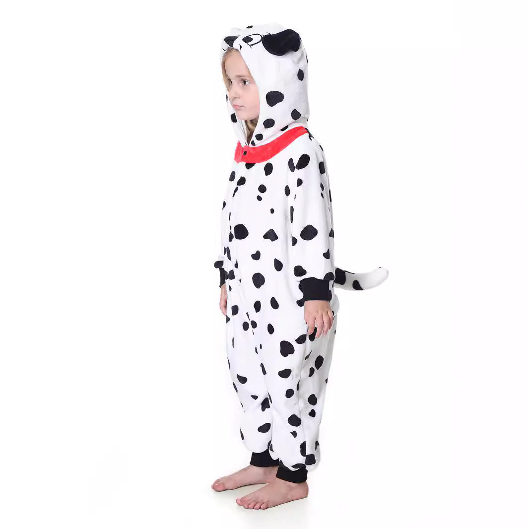 Autumn new children's cartoon styling clothes flannel single-layer spotted dog hooded onesie