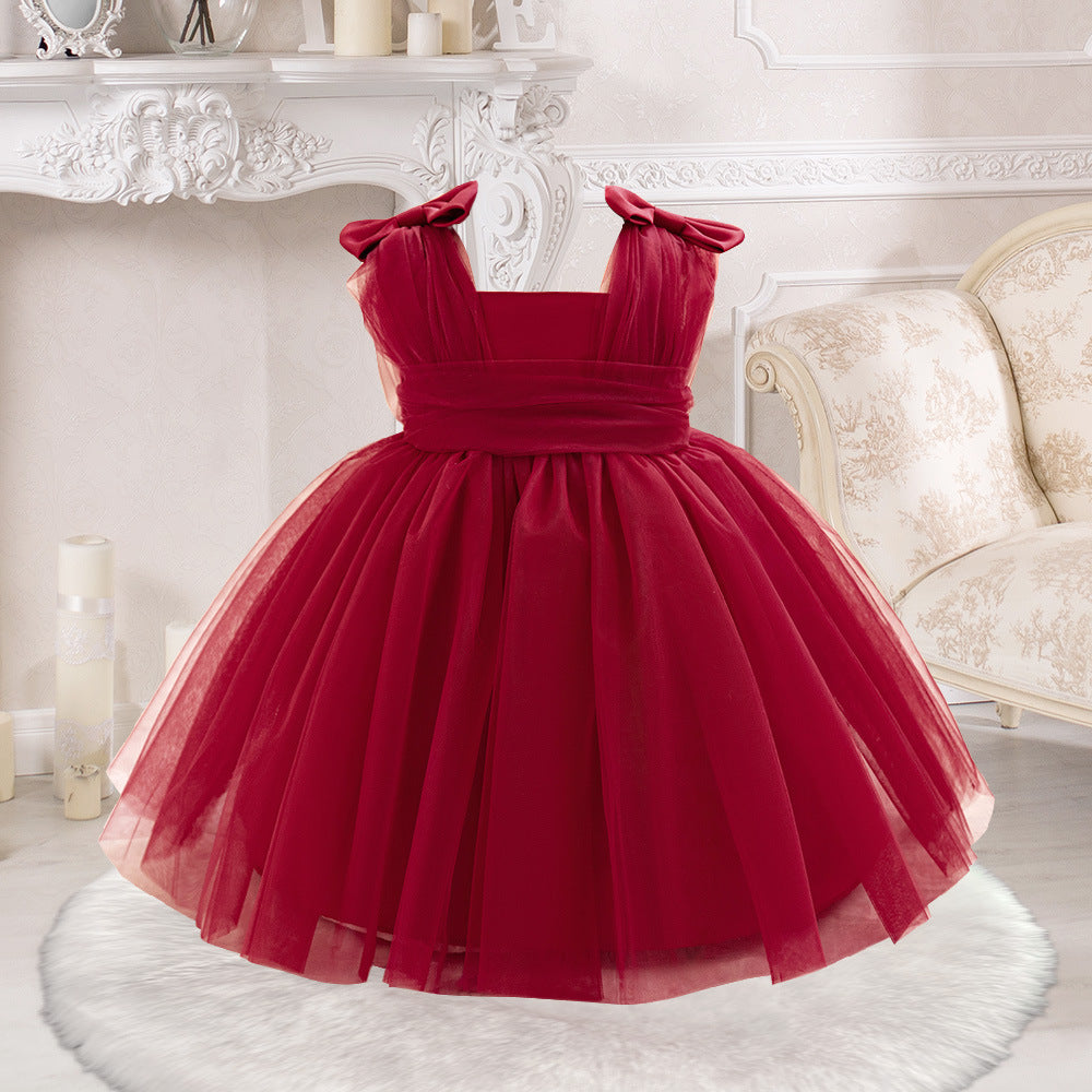 Amazon's new baby dress sleeveless bow waist pleated mesh skirt wedding flower girl skirt
