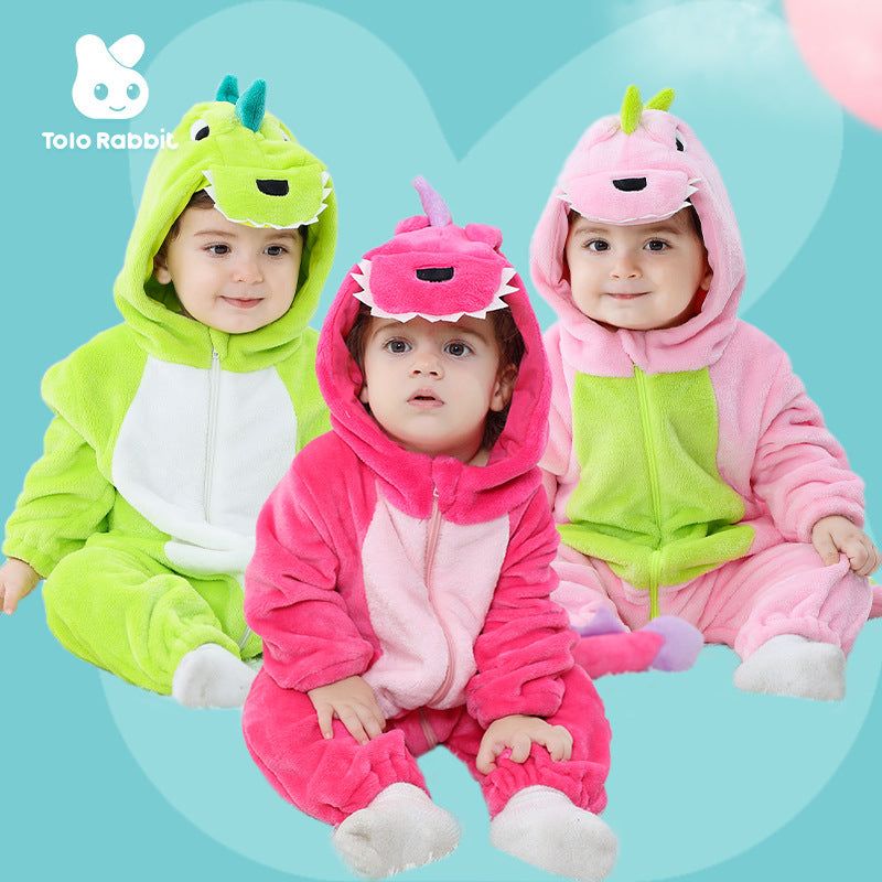 Qile Rabbit Children's Clothing Wholesale Spring New Flannel Thin Dinosaur Single Layer Romper Jumpsuit X6732