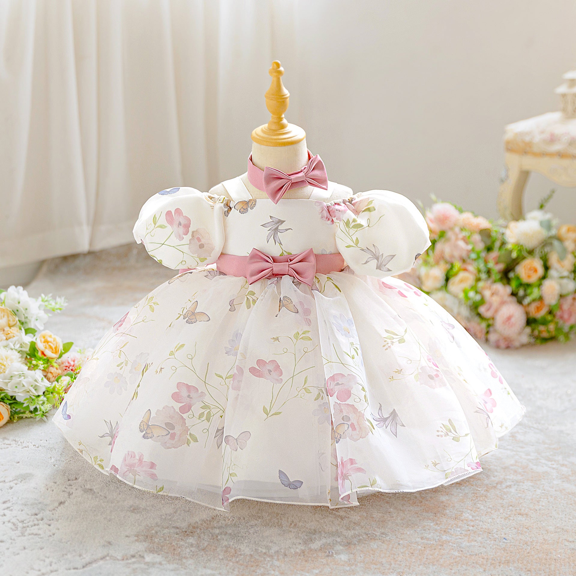 Cross-border new girls' princess skirt Eugen yarn Phalaenopsis printing puff skirt wedding dress flower girl dress skirt spot