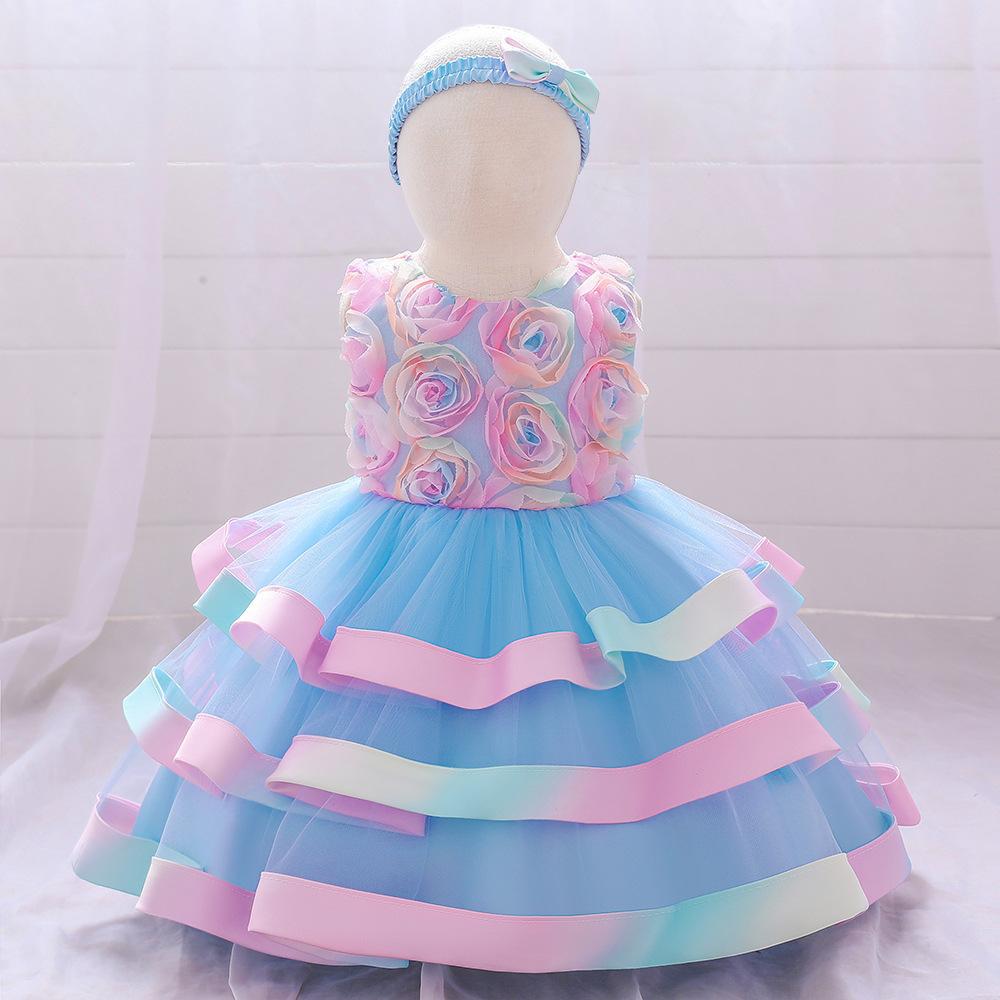 Little girl princess dress children's dress sleeveless dress printed mesh cake puffy dress flower girl catwalk dress sweet