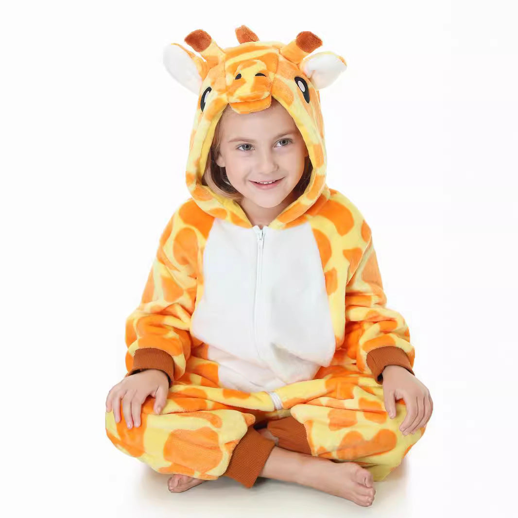 Autumn new children's cartoon styling clothes flannel single-layer cute giraffe spring and autumn styling onesie