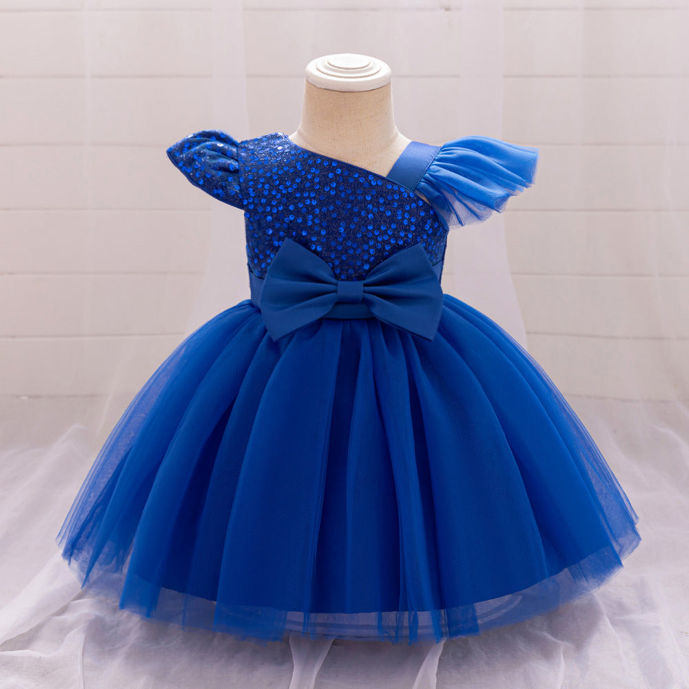 Europe and the United States ebay baby and child slash shoulder small flying sleeve sequined mesh fluffy princess skirt hemming comfortable breathable skirt