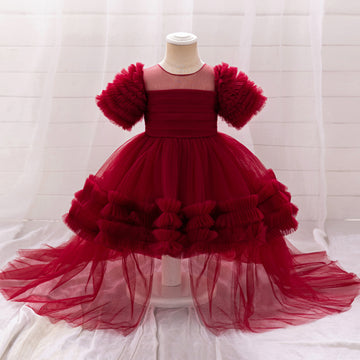Cross-border girls trailing red cake dress children's party dress princess dress baby one-year-old wedding dress