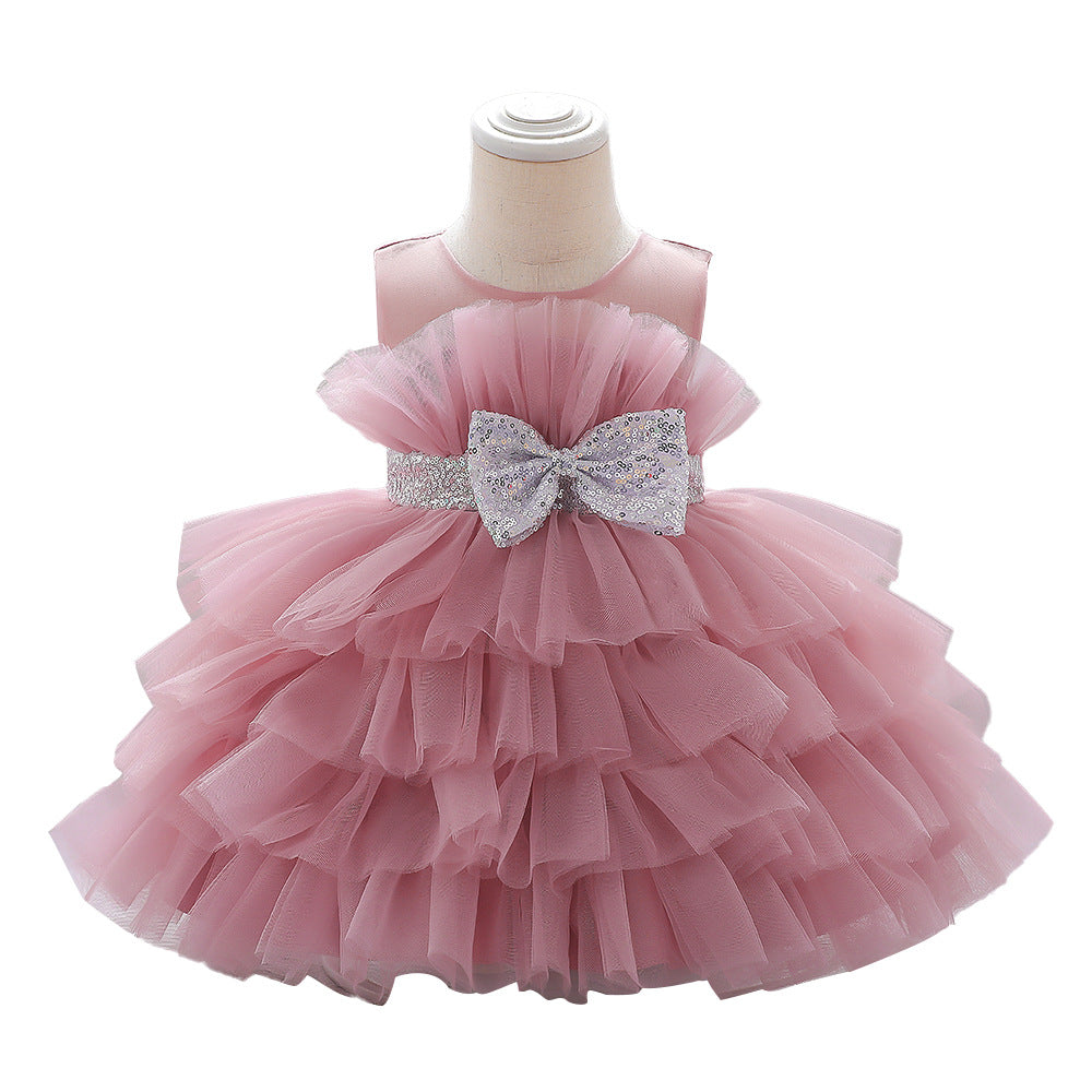 2023 new European and American girls' dress skirt cute bow strap mesh skirt summer baby girl dress