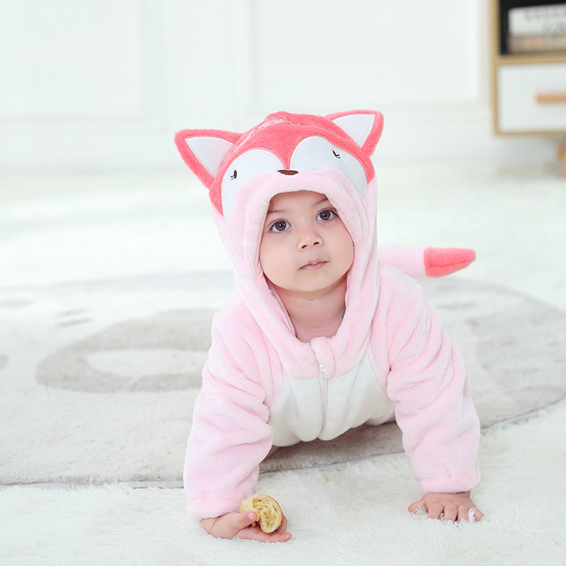 Qile Rabbit autumn new comfortable and casual cute flannel baby climbing clothes fox pattern going out clothes 0-3 years old