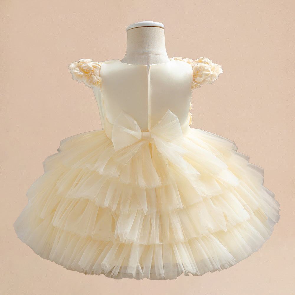 Amazon baby dress small fly sleeves champagne rose three-dimensional flower multi-layer cake fluffy princess dress