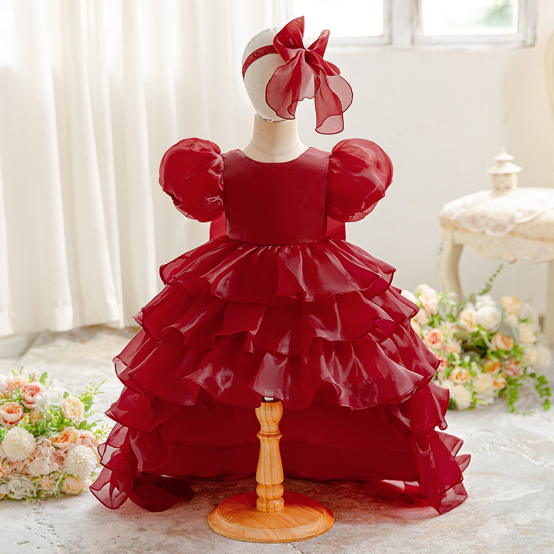 European and American children's bubble sleeves organza trailing skirt princess fluffy cake skirt wedding dress flower girl dress skirt hair band