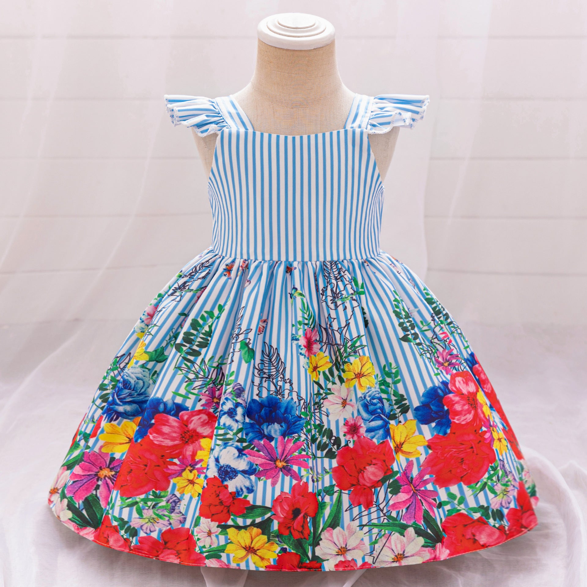 Cross-border new girls' princess dress striped satin dress first birthday dress Xiaofei sleeve print dress dress
