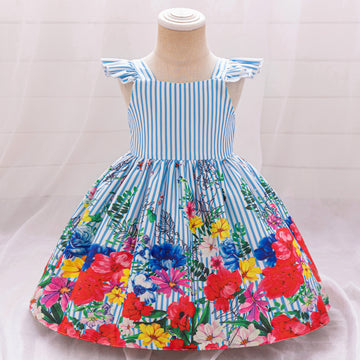 Cross-border new girls' princess dress striped satin dress first birthday dress Xiaofei sleeve print dress dress