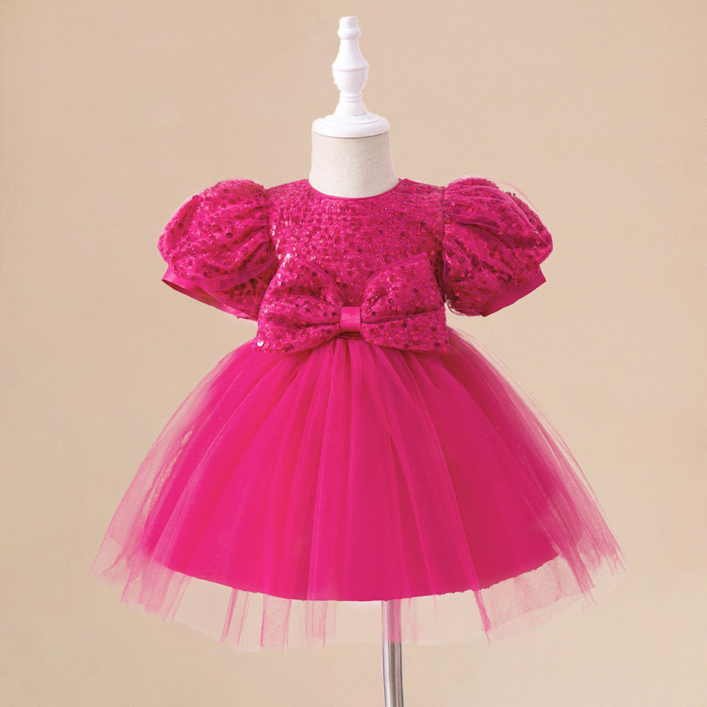 2025 new children's first-year dress sequined princess dress fluffy mesh skirt cross-border bubble sleeve children's wedding dress