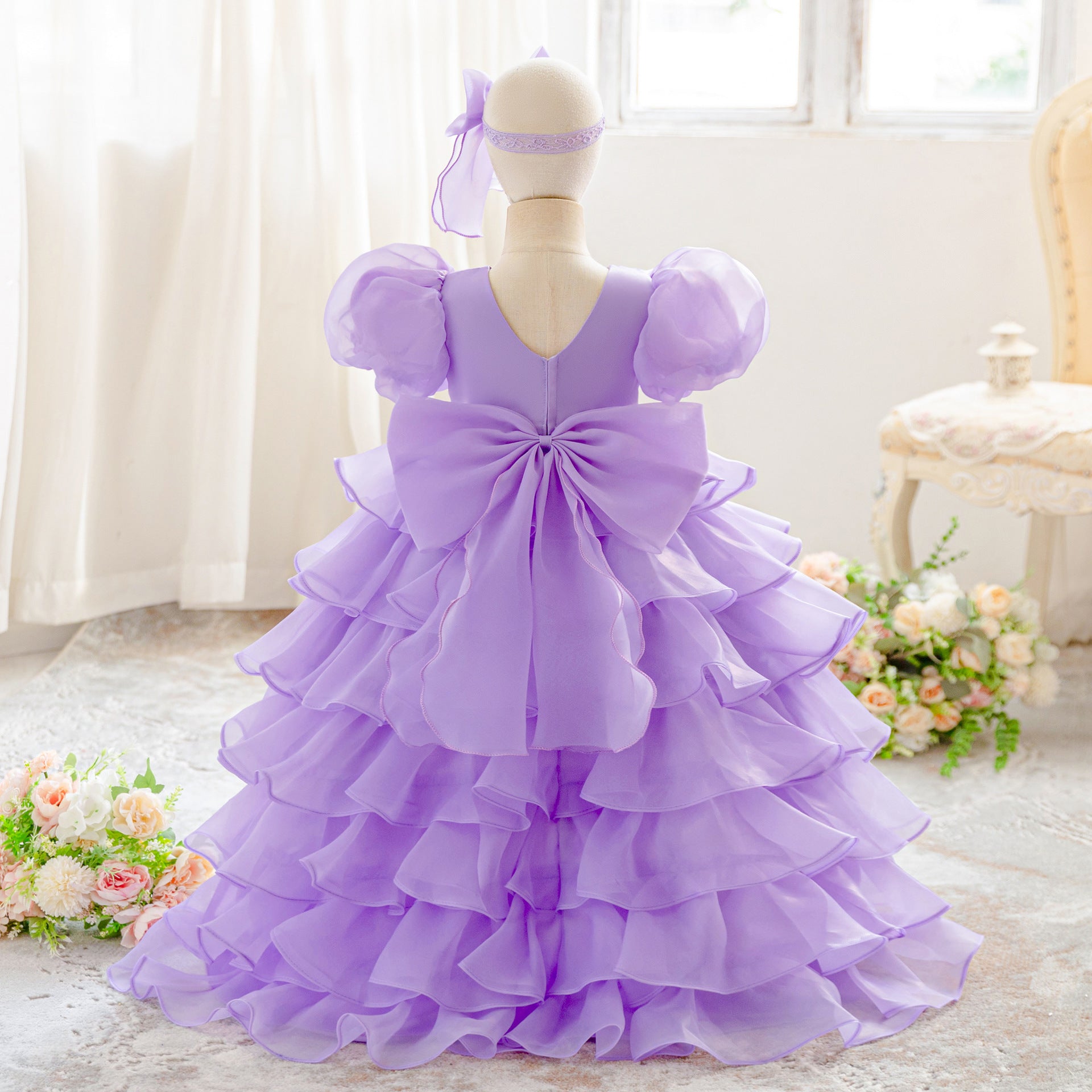 European and American children's bubble sleeves organza trailing skirt princess fluffy cake skirt wedding dress flower girl dress skirt hair band
