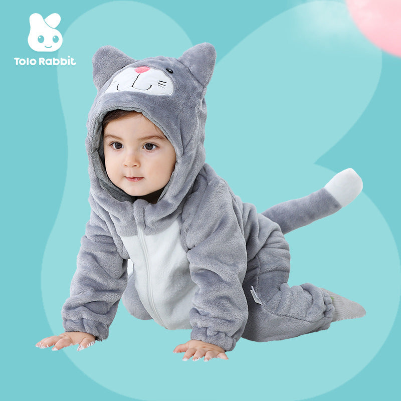 Spring and Autumn Comfortable Flannel Thin Infant and Toddler One-piece Romper Tea Rice Cat Shape Romper Qile Rabbit