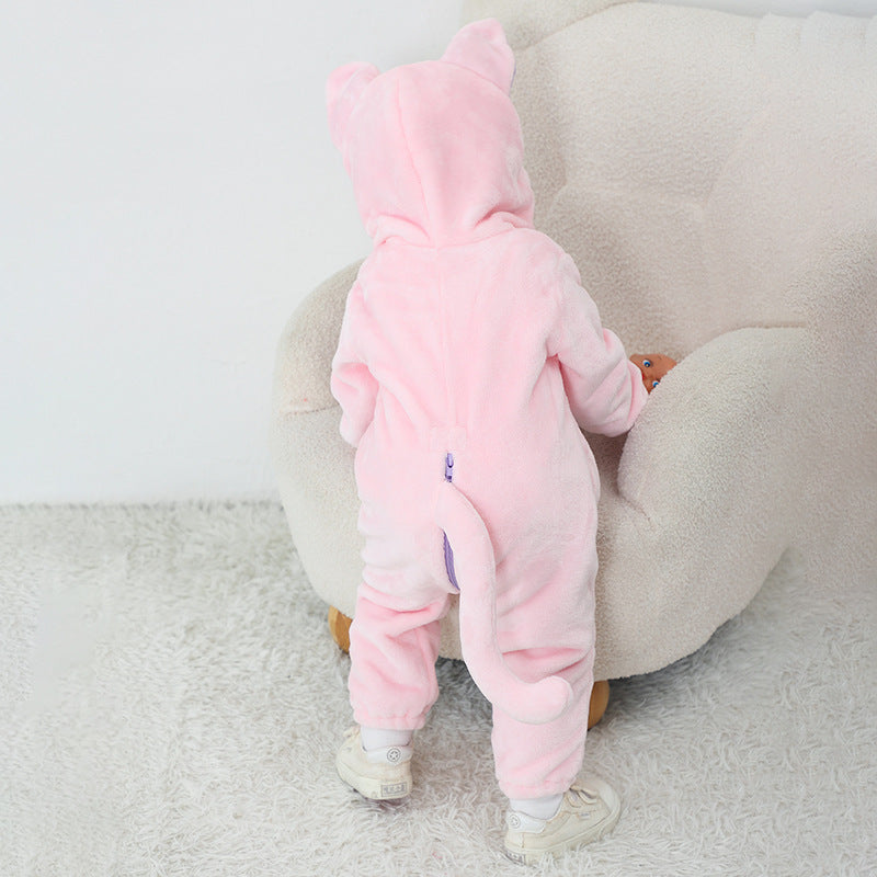 Autumn new infant and toddler comfortable flannel single-layer styling Romper cartoon cat and cat styling one-piece Romper