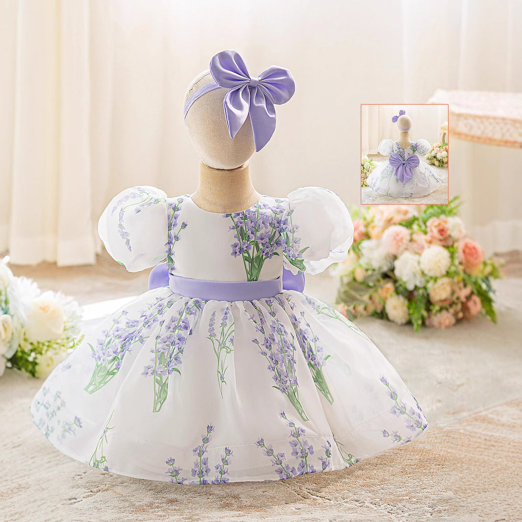 2025 summer new children's dress lavender mesh printing puff dress wedding dress flower girl princess dress performance clothes