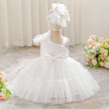 European and American new infant dress fluffy skirt one-year-old baby slanted shoulder bow mesh dress girls dress