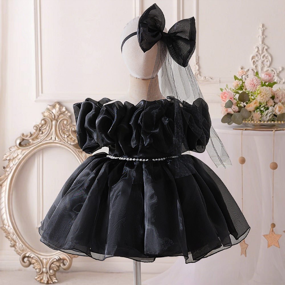 Amazon popular girls princess dress baby first birthday dress one-word shoulder pleated puffy dress spot