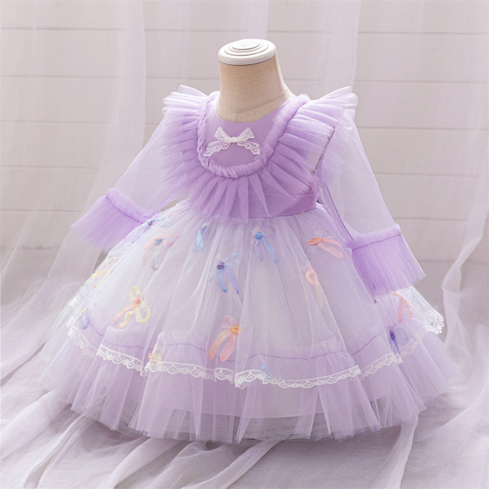 Cross-border new girls' princess dress long-sleeved bow pleated skirt one-year-old flower girl dress lace lace dress
