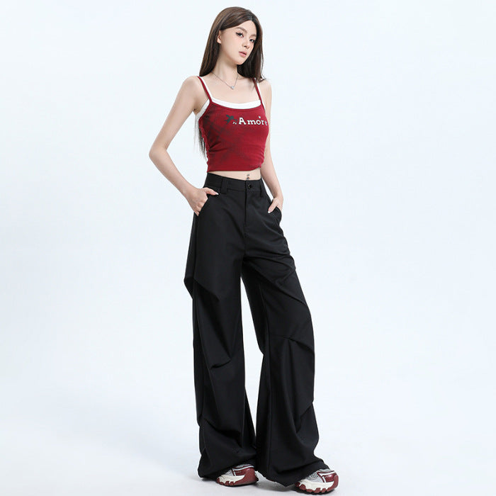 小众设计感高街黑色褶皱宽松休闲阔腿微喇拖地工装裤