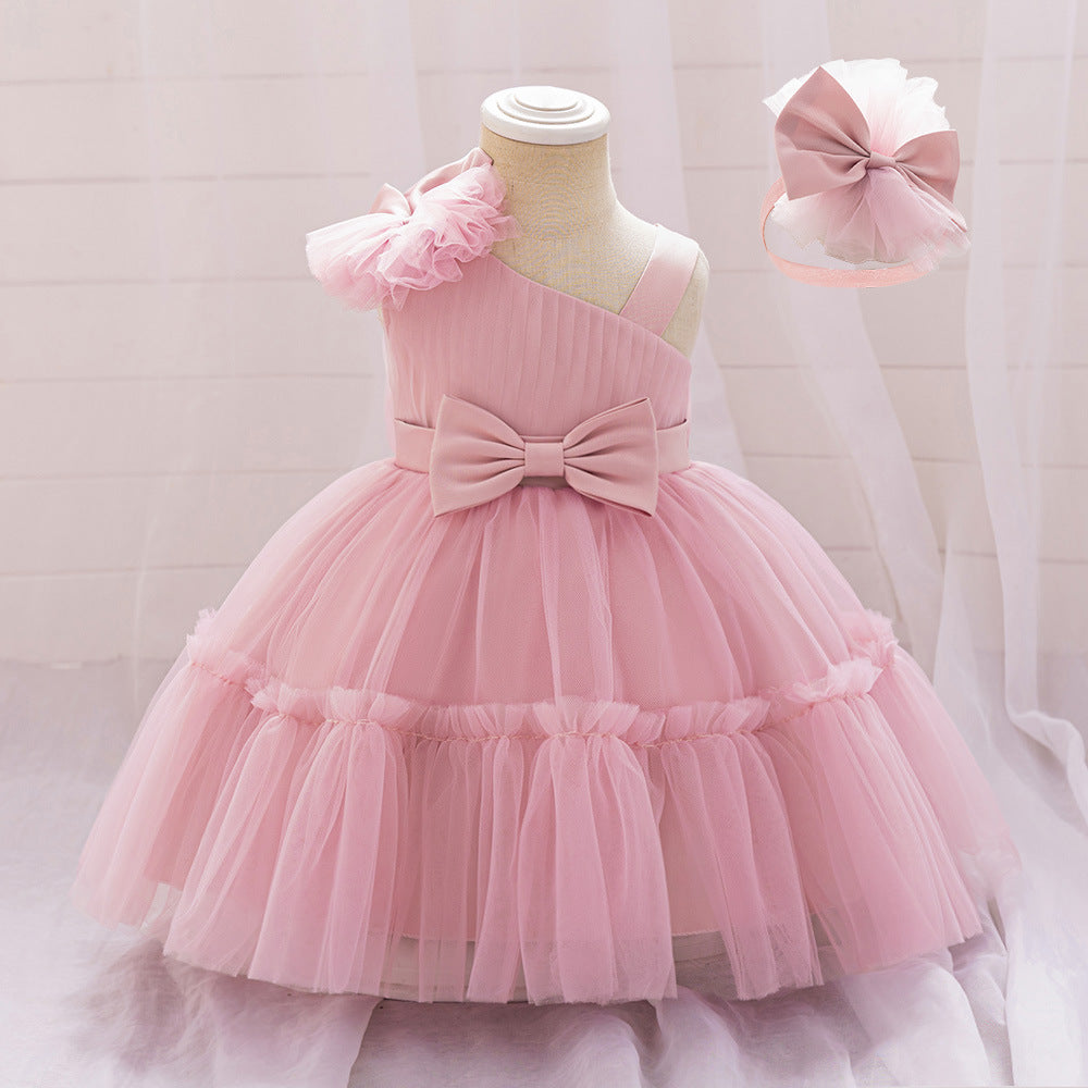 European and American new infant dress fluffy skirt one-year-old baby slanted shoulder bow mesh dress girls dress