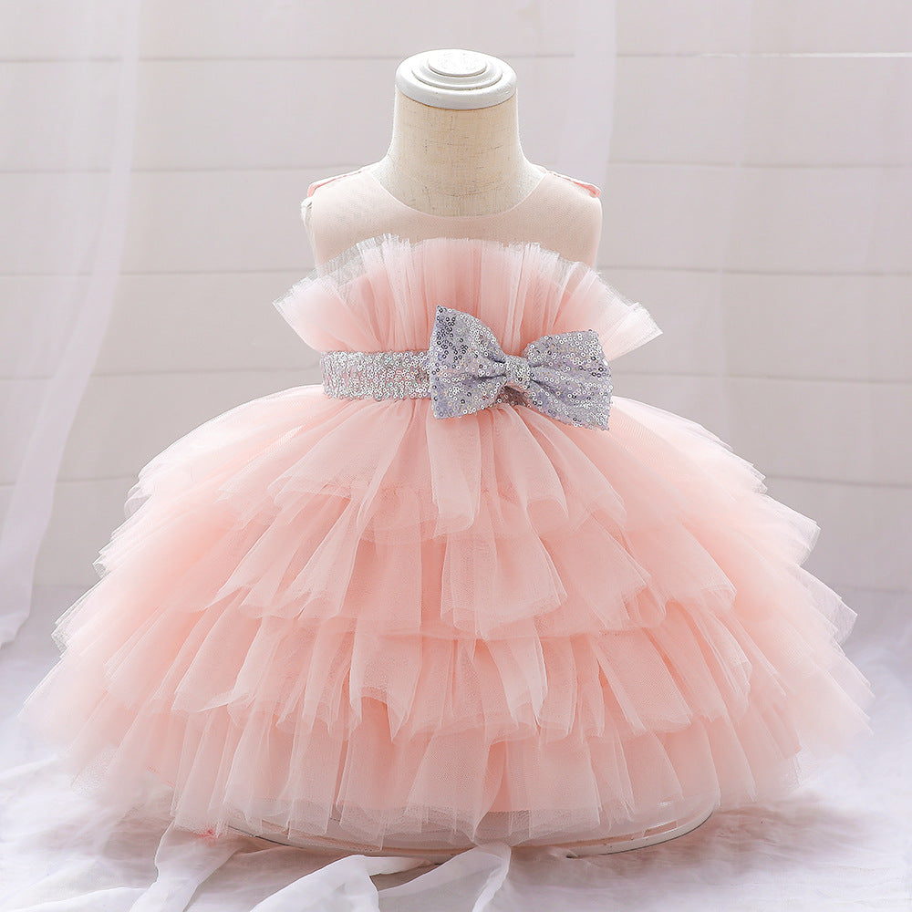 2023 new European and American girls' dress skirt cute bow strap mesh skirt summer baby girl dress