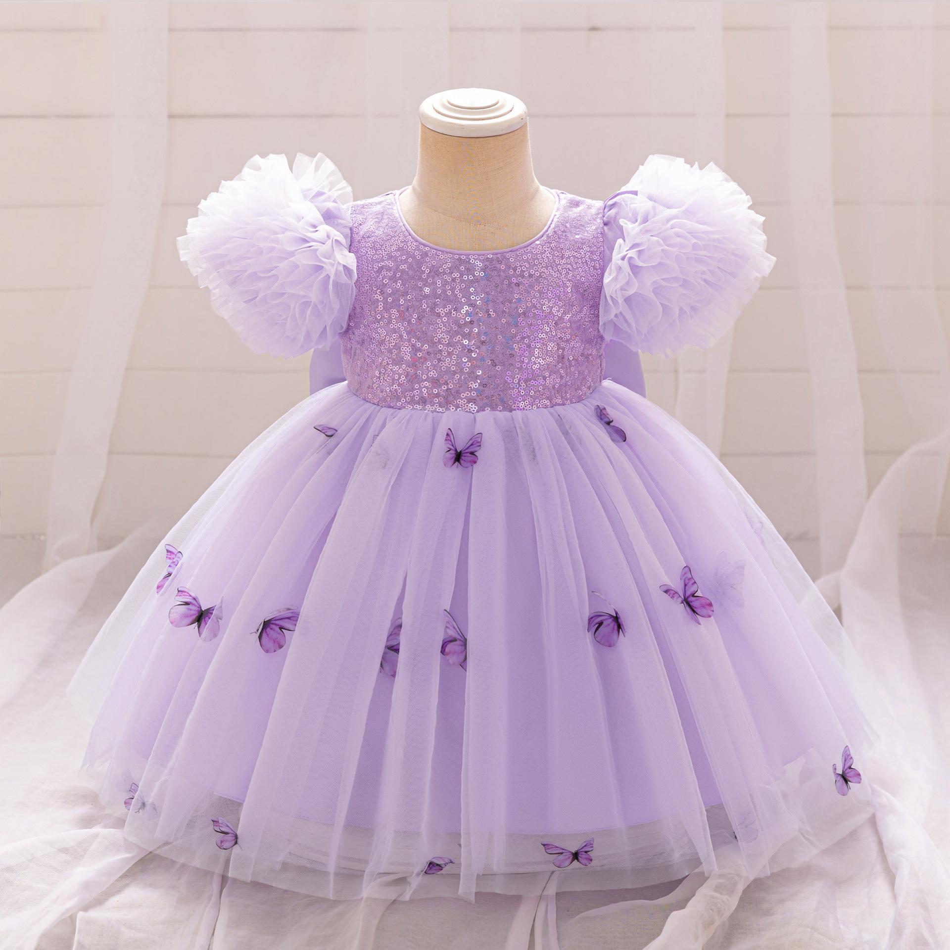Cross-border infant dress princess dress one-year-old baby 100-day banquet dress butterfly bubble sleeve wedding dress