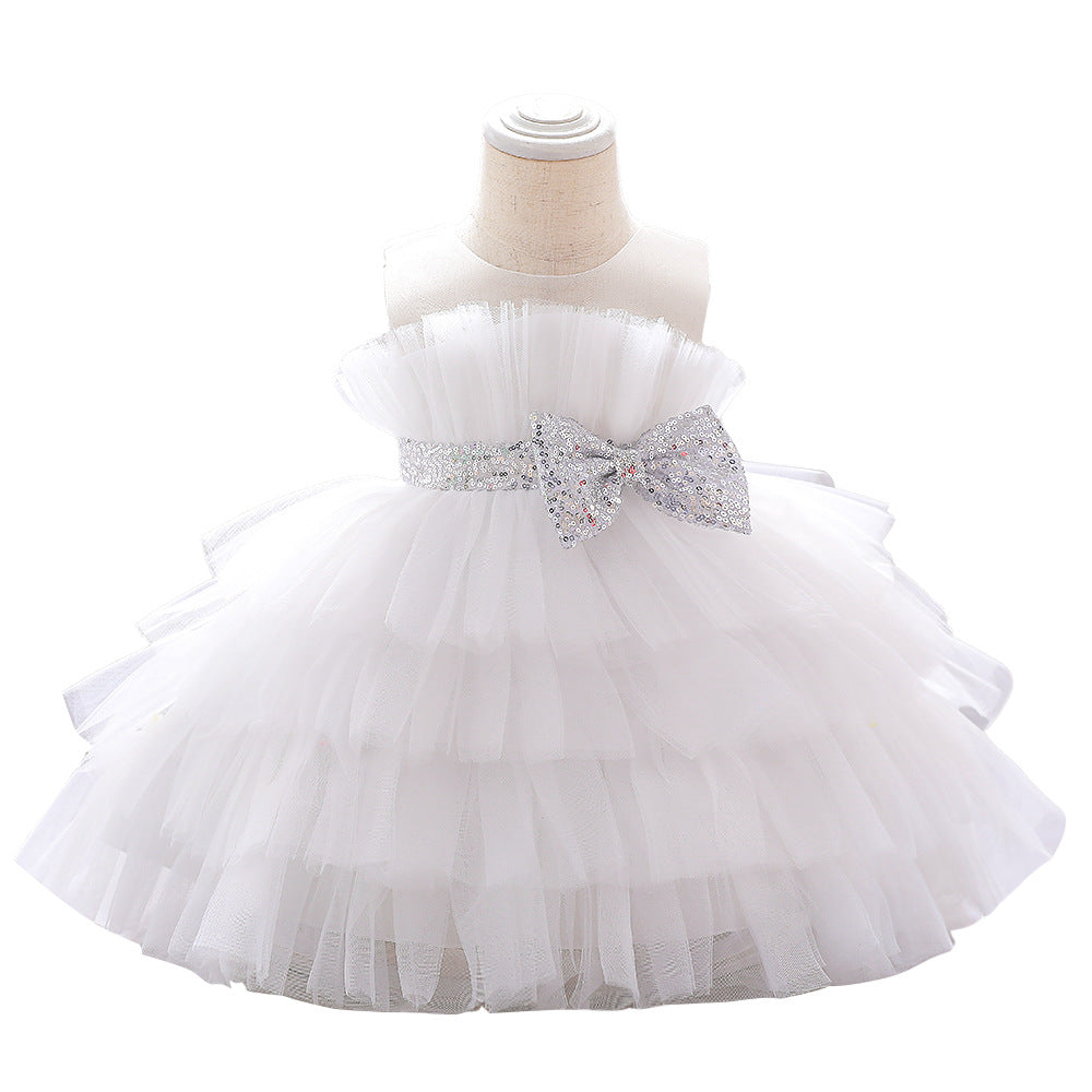 2023 new European and American girls' dress skirt cute bow strap mesh skirt summer baby girl dress