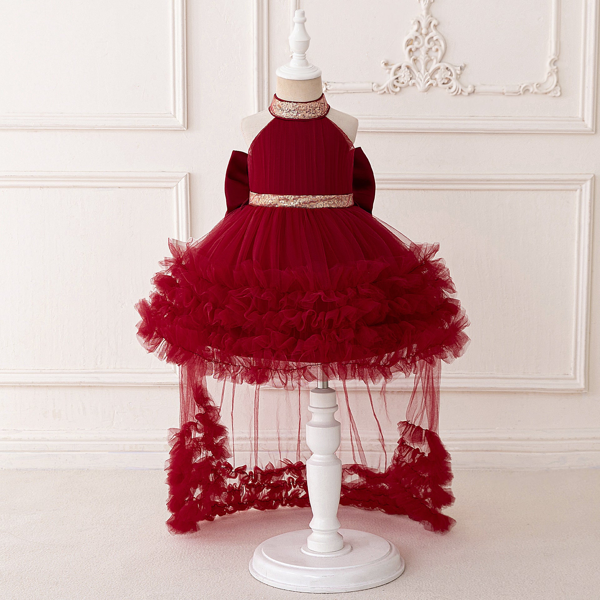 2025 Cross-border New Girls' Birthday Dress Girls' Performance Dress Neck Trailing Princess Dress Mesh Children's Dress